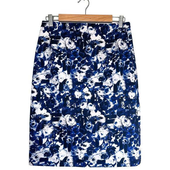 MM Lafleur The Cobble Hill Floral Print Cotton Pencil Skirt Blue Navy White 10 - Picture 2 of 13